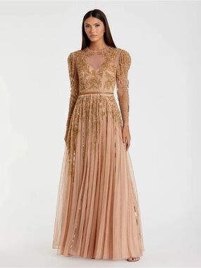 Mac Duggal 93638 Pink and Gold Beaded Illusion Puff Sleeve Gown Size 20 NWT